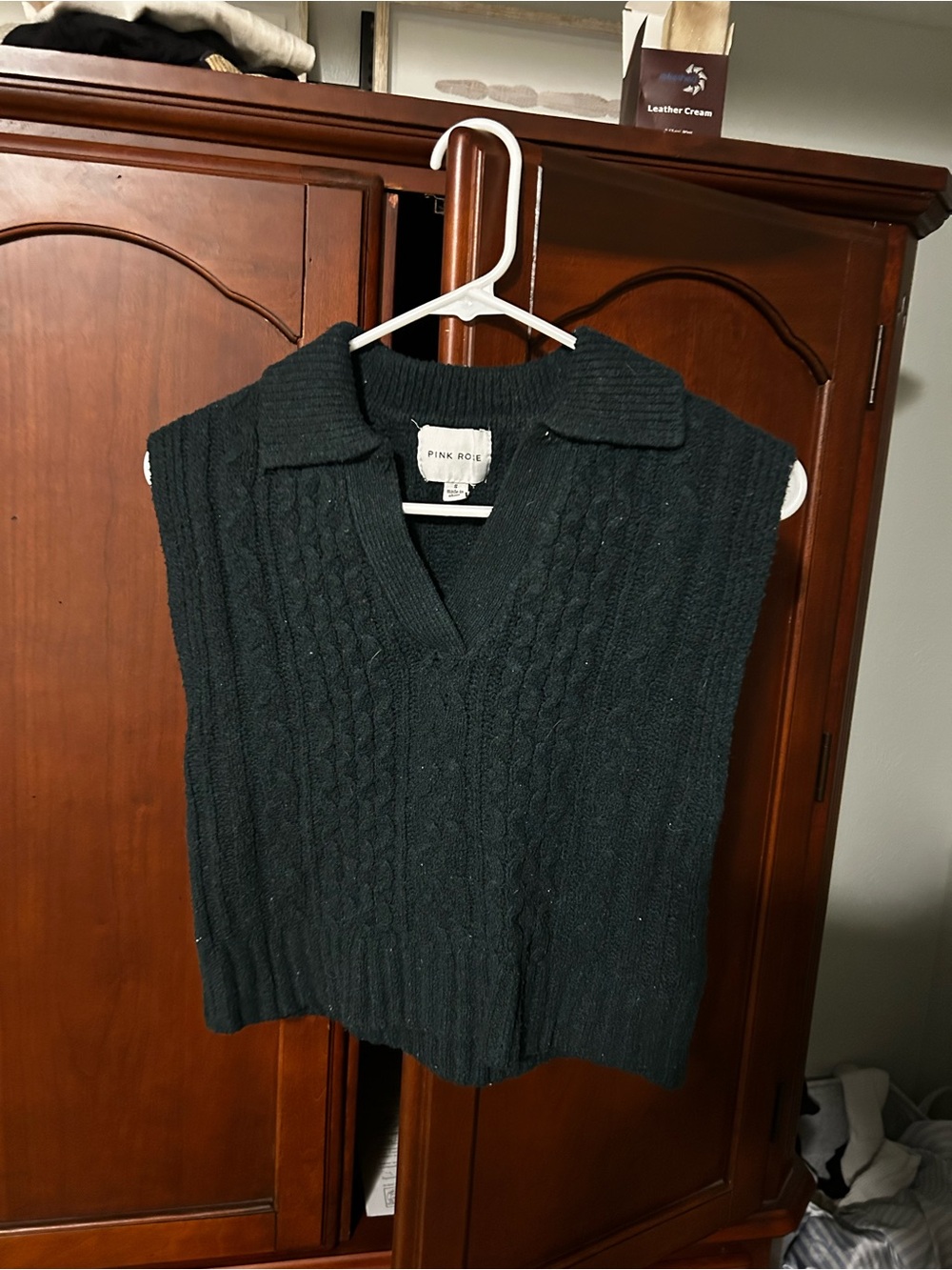Pink Rose Green Cable-Knit Collared V-Neck Sweater Vest